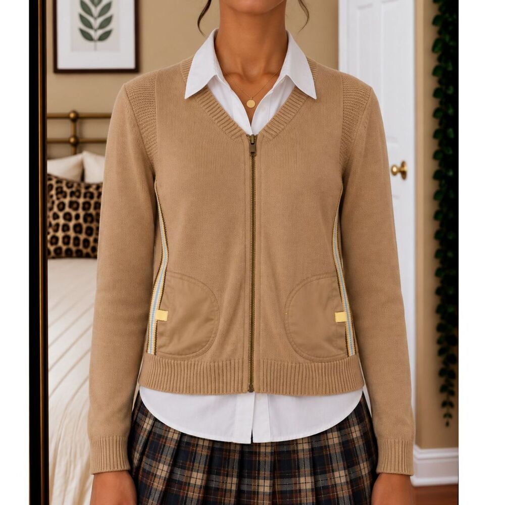 Vintage Gap Women Size S Cardigan Sweater Tan Multicolor Full Zip Preppy Y2K